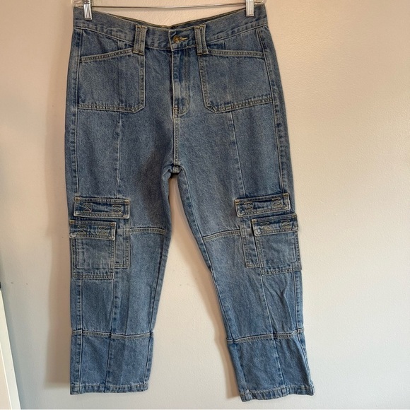 Lioness Women's High Rise Cargo Pockets Jeans Sz XXL Pockets Med Wash W 32 Y2K - Picture 2 of 11